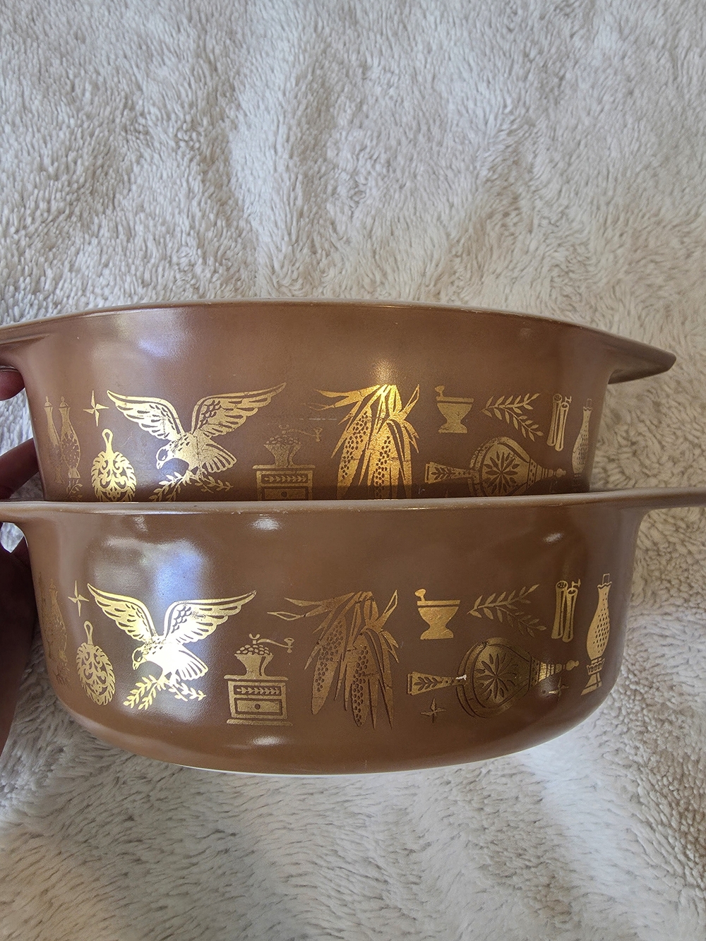 Pyrex Brown Glass Casserole Dishes with Gold Decal Pattern (Set of 2)